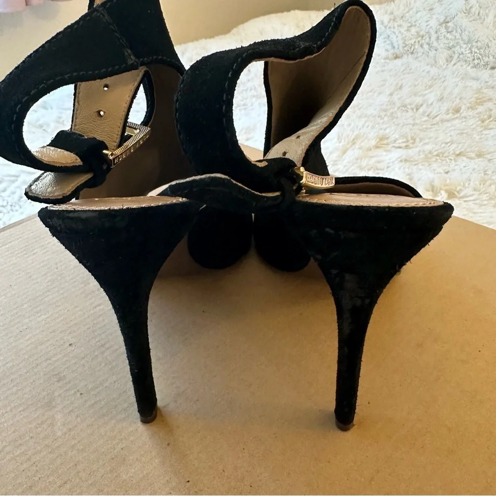 Tory Burch Britannia Black Suede Peep Toe Slingback Heels Women’s Size 8